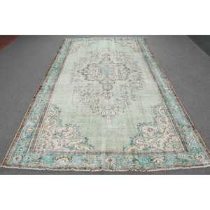 Alfombra Vintage Grande de 5.9x9.8 pies, Alfombra Turca, Alfombra de Lana con Diseño Floral Azul Verde - Product Image 1