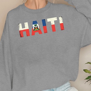 Sweat-shirts décontractés pour femmes à col rond, imprimés par transfert thermique, avec éléments du drapeau d'Haïti, 100% polyester - Product Image 3