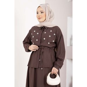 Conjunto de Falda y Top con Cintura Túnel Adornada con Piedras Color Café para Mujer, Estilo Casual de Club, Dos Piezas - Product Image 2