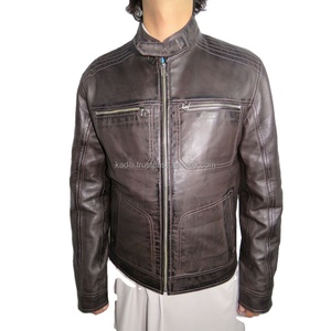 Chaqueta cafe racer de cuero marrón desgastado para hombre - Product Image 4