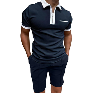 Conjunto de pantalones cortos tipo polo con ribete en contraste para hombre, conjunto informal de dos piezas con cuello de cremallera para verano, ropa de calle y salón - Product Image 6