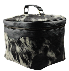 Stylish Black and White Print Cowhide Leather Cosmetic Bag Genuinely Durable with Zipper Closure Geometric Pattern Tooling - Product Image 1