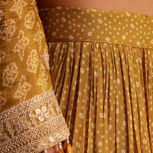 Amarillo mostaza Chinon Bandhani Palazzo Set Venta al por mayor Mujeres Ropa étnica OEM Fábrica Proveedor a granel Ropa de fiesta personalizada - Product Image 6