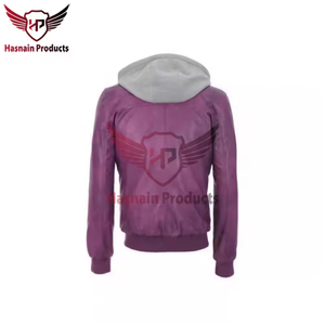 Blouson Bomber Homme en Cuir Véritable Violet avec Capuche Amovible, Bordure en Tricot Côtelé, Style Classique et Chaud pour l'Hiver - Product Image 3