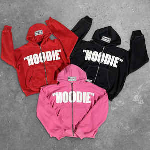 Streetwear sweat à capuche zippé délavé à l'acide sweat-shirt à capuche décoloré patchs de broderie en détresse Vintage sweats à capuche courts - Product Image 3