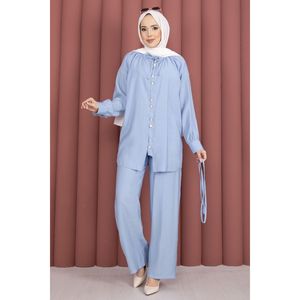 Conjunto de 2 Piezas Color Azul Bebé, Blusa con Cuello Fruncido y Decoración de Botones, y Pantalones, Atuendo Elegante para Ocasiones Especiales - Product Image 5