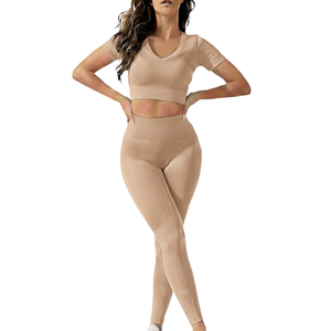 Custom Logo Womens Yoga Workout Set Two Piece High Stretch Seamless Activewear Fitness <b>Leggings</b> And Top - Product Image 2
