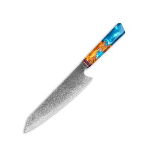 Cuchillo de Chef de Acero de Damasco de Alta Calidad, Mango de Resina Azul, Hoja de 8 Pulgadas, Diseño Ambidiestro, Logotipo Personalizado, Cocina - Product Image 1