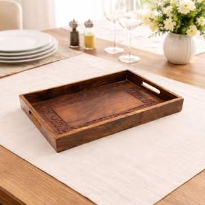Plateau de service en bois massif fait main avec motif floral sculpté à la main, disponible avec finition naturelle personnalisée, meilleur prix - Product Image 1
