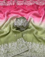 Nouveau saree d'écrasement en mousseline de soie à double teinte avec broderie butti brodé travail de bordure