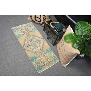 พรมขนสัตว์ตุรกีทำด้วยมือสีเบจ1.2 x 2.8ft แบบดั้งเดิมงานเย็บปะสี่เหลี่ยมผืนผ้าลายทางสำหรับห้องนั่งเล่นลาเท็กซ์ด้านหลัง - Product Image 4