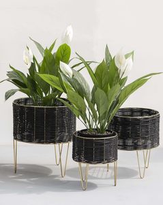 Handmade planters customized design & size decorative planters Rattan weaved planters cane <b>flower</b> pots with golden metal stand - Product Image 1
