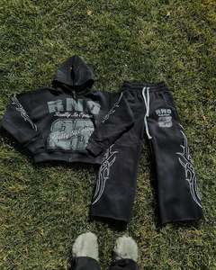 300 GSM Acid Wash Men's Streetwear Heavyweight 100% Cotton Graphic Hoodie DTG Printed Heat-Applied Rhinestones Street-Style Set - Product Image 3