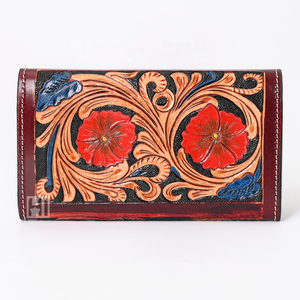 Custom Handmade Vintage Cowhide Leather Trifold <b>Wallet</b> <b>RFID</b> Floral Tassel Long Clutch for Women - Product Image 4