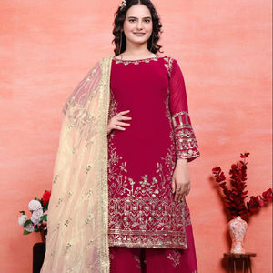 Top rouge pour femmes-Palazzo Collection Faux Georgette Fabrics With Embroidery Sequins Work For Women - Product Image 1