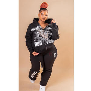 Ensemble de survêtement unisexe oversize en molleton de coton 500 GSM, comprenant un sweat à capuche court zippé et un pantalon baggy, avec logo imprimé et strass - Product Image 3