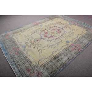 Alfombra Turca, Alfombra Grande de 6,8x9,5 pies, Alfombra de Lana Azul y Amarilla - Product Image 2