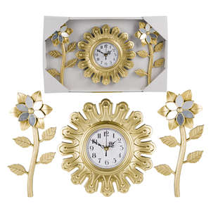 FLOWER WALL <b>CLOCK</b> SET - 10 INCHES 3 PIECES in <b>GOLD</b> - Product Image 1