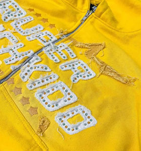 Conjunto de pantalones de chándal con capucha y cremallera lavada con ácido personalizada XL para hombre, ropa de entrenamiento de algodón 100% con diamantes de imitación, chándal de Primavera de talla grande - Product Image 3