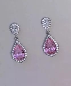 Boucles d'oreilles pendantes/pendantes en argent 925 style vintage coupe poire Moissanite saphir rose - Product Image 4