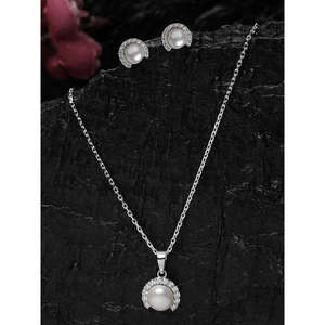 CLARA Ensemble de bijoux de mode pour femmes en argent sterling 925 avec pendentif Riko en perle véritable, boucles d'oreilles et chaîne plaqués rhodium avec zircone suisse - Product Image 2
