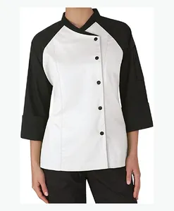 厨师服装3/4对比袖女式厨师外套夹克优质厨房围裙