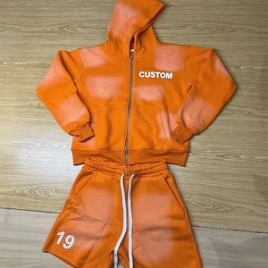 Ensemble sweat à capuche oversize délavé à l'acide personnalisé, respirant, en molleton français léger, pantalon de survêtement ample, short en strass, streetwear, hiver - Product Image 2