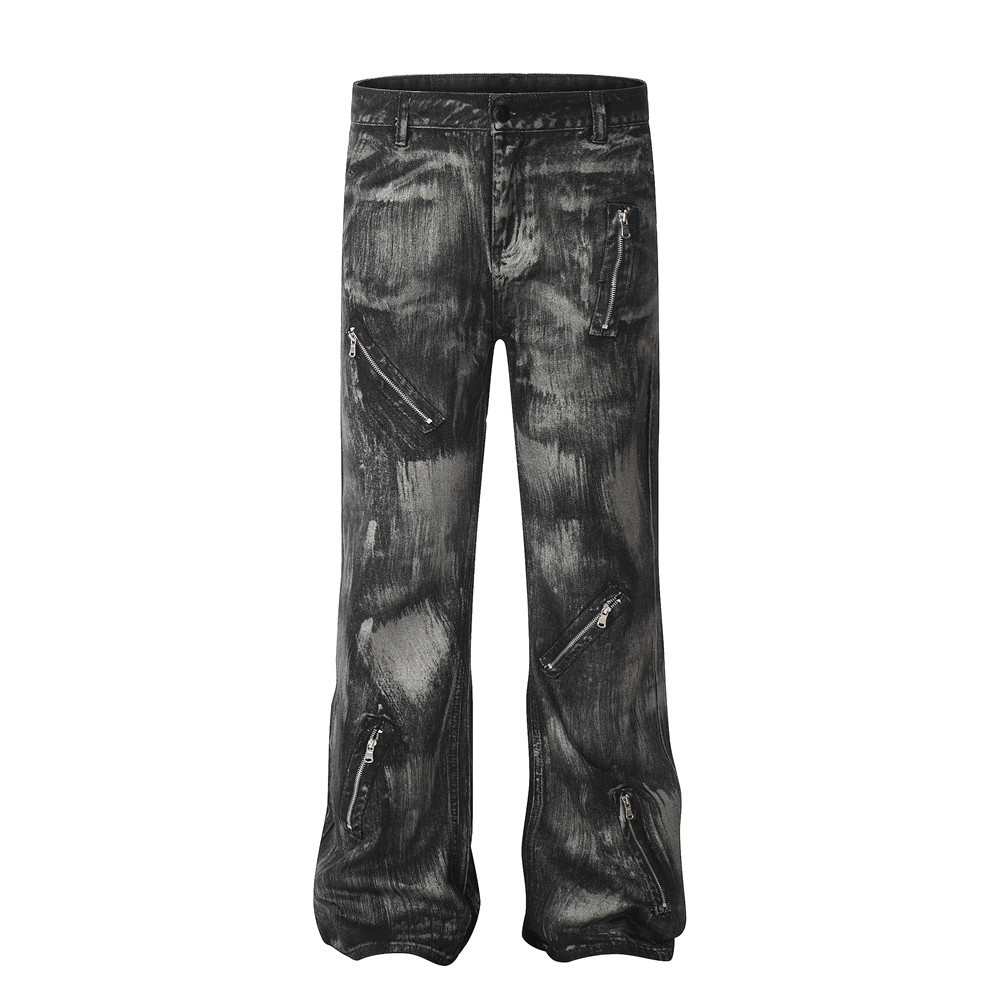 完売品　VIH20A loose fit oil coating denim Veroders Men's Baggy Hip Hop Black Jeans- Loose Skateboard