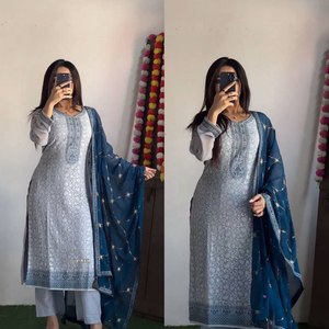 Robe Salwar Kameez prête à porter pour femmes, en tissu géorgette imitation haute qualité, nouvelle coupe droite ethnique, style indien pakistanais, mariages - Product Image 1