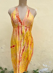 Yellow and Red Tie-Dye Silk <b>Satin</b> <b>Dress</b> Beautiful Vintage Indian <b>Wedding</b> and Summer Wear Elegant Vintage Silk <b>Dress</b> - Product Image 6