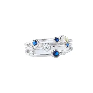 Conjunto de bisel de burbuja de moissanita de plata 925 más vendido, anillo de compromiso de tres filas de zafiro, anillos de joyería para mujer de proveedor indio