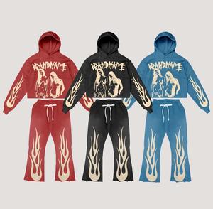 Ensemble survêtement à capuche personnalisé délavé à l'acide avec strass et pantalons de survêtement évasés pour hommes - Product Image 1