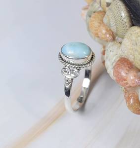 Bijoux fins précieux 100% bijoux en argent véritable bague en pierres précieuses Larimar forme brillante ovale belle couleur bleue pierre anneaux fins - Product Image 3