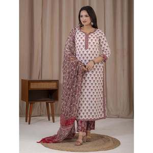 Traje de estilo indio étnico de algodón con estampado a mano en bloques blancos y rosas, kurta, pantalón y salwar Anarkali. - Product Image 5