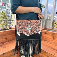 Vente chaude cheveux faits à la main sur cuir repoussé Cactus Turquoise pierre frange sac à bandoulière Western en cuir véritable sac à main pour les femmes