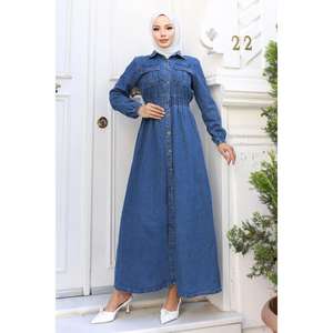 Manteau modeste bleu à devant ouvert et élastiqué MSW19228-1 par Jacket & Trenchcoat - Product Image 3