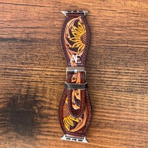 ร้อนขายหนังแท้ออกแบบที่กําหนดเองดอกไม้ตะวันตกมือTooledทาสีนาฬิกาBohoตะวันตกเปลี่ยนสายนาฬิกา - Product Image 1