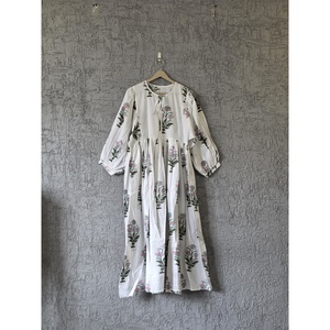 Vintage Sage Pink Floral Cotton Maxi <b>Dress</b> Hand-Block Inspired Boho Style <b>Elastic</b> Waist Breathable Summer ODM <b>Dress</b> for Leisure - Product Image 3