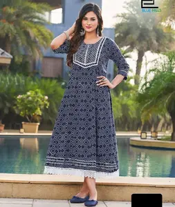 भारतीय भारी कपड़े शैली डिजाइनर रेयान लंबी Bandhani प्रिंट महिलाओं के पहनने के लिए सीमा के साथ गाउन फीता कुर्तियां फैंसी कपड़े और पोशाक