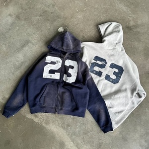 Sudadera con Capucha Personalizada de Estilo Vintage con Cremallera Completa para Hombre, Sudadera Retro Holgada con Efecto Desgastado, Estilo Urbano, Lavado Ácido, Gruesa - Product Image 3