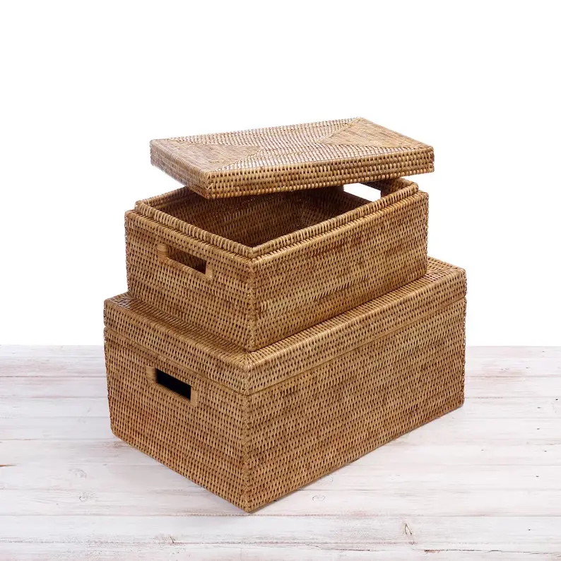 Boîte carrée et rectangulaire en rotin avec couvercle, panier de rangement à couvercle tissé naturel, bacs et boîtes