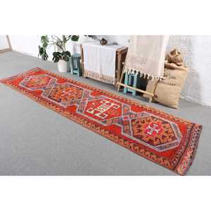 Vintage <b>Runner</b> Rug 2.8x10.6 ft, <b>Red</b> Moroccan Turkish Wool Rug - Product Image 2