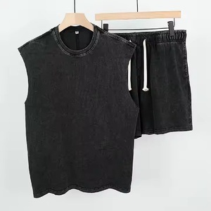 New Custom High Quality Acid Wash tank <b>Top</b> and Shorts Set Streetwear Vintage Sleeveless Tee Shirt Shorts Sets for Men - Product Image 1