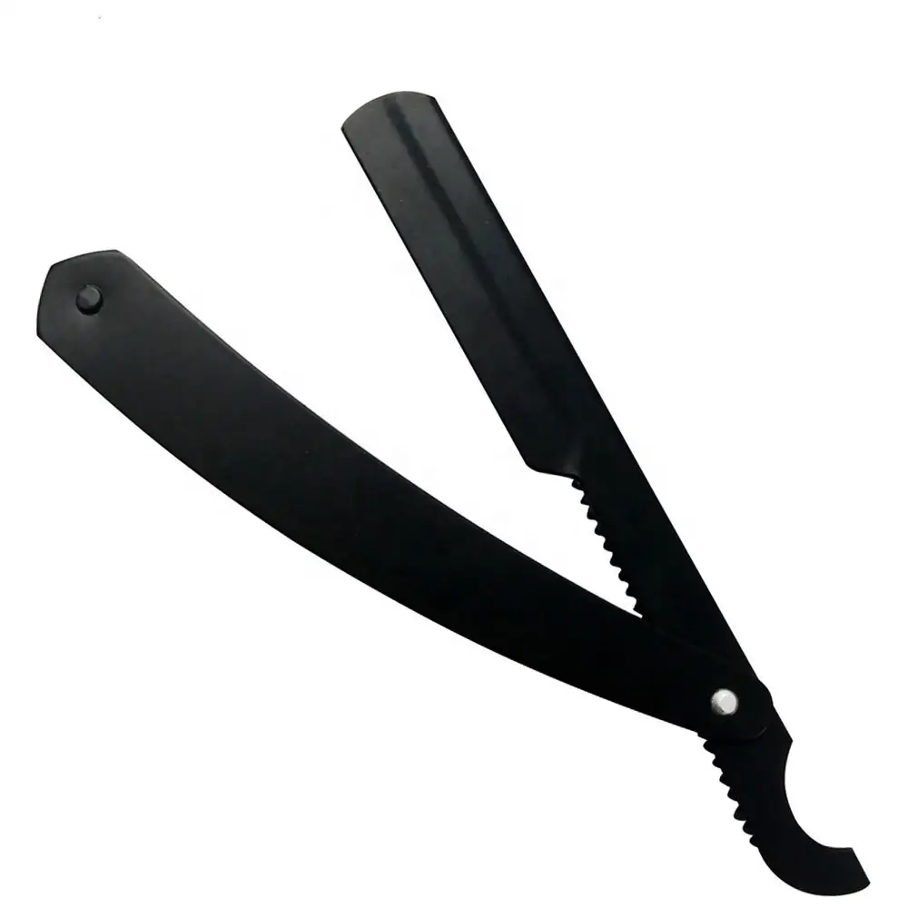 Support de rasoir de barbier en acier inoxydable enduit de poudre noire mate rasoir à lame turque rasoir à couteau pliable de barbier à bord droit