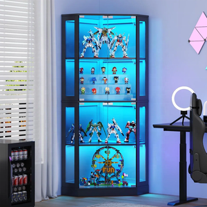 Vitrine d'angle moderne noire à LED avec porte vitrée pour figurines, boîtes mystères, salle de jeux, maison, salle à manger, école - Product Image 1