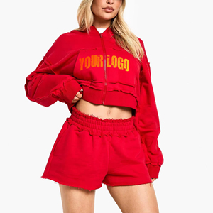 Conjunto de pantalones cortos con capucha recortada de gran tamaño XL para mujer de calidad superior Ropa de invierno informal ligera Tela de estampado sólido - Product Image 1