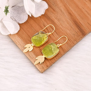 Wholesale Brass Statement <b>Earrings</b> Authentic <b>Green</b> Opal Gemstone Jewelry Antique Brass Finish Gold Plated Fashion Forward Style - Product Image 3