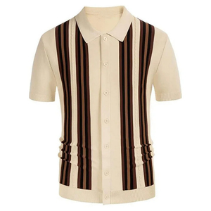 2024 nuevo verano hombres moda pulóver Tops Jersey manga corta Camiseta con solapa rayas estampado botón para Polo diseño liso - Product Image 3