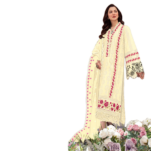Traje inferior estampado Semi Lawn de algodón puro con parches bordados exclusivos Vestido de fiesta pakistaní para adultos Venta en línea - Product Image 1