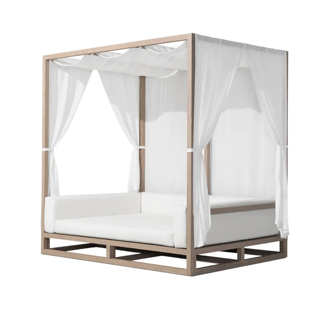 Teak Canopy Daybed Mobília exterior moderna proporções perfeitas com coxins e cortinas soltas